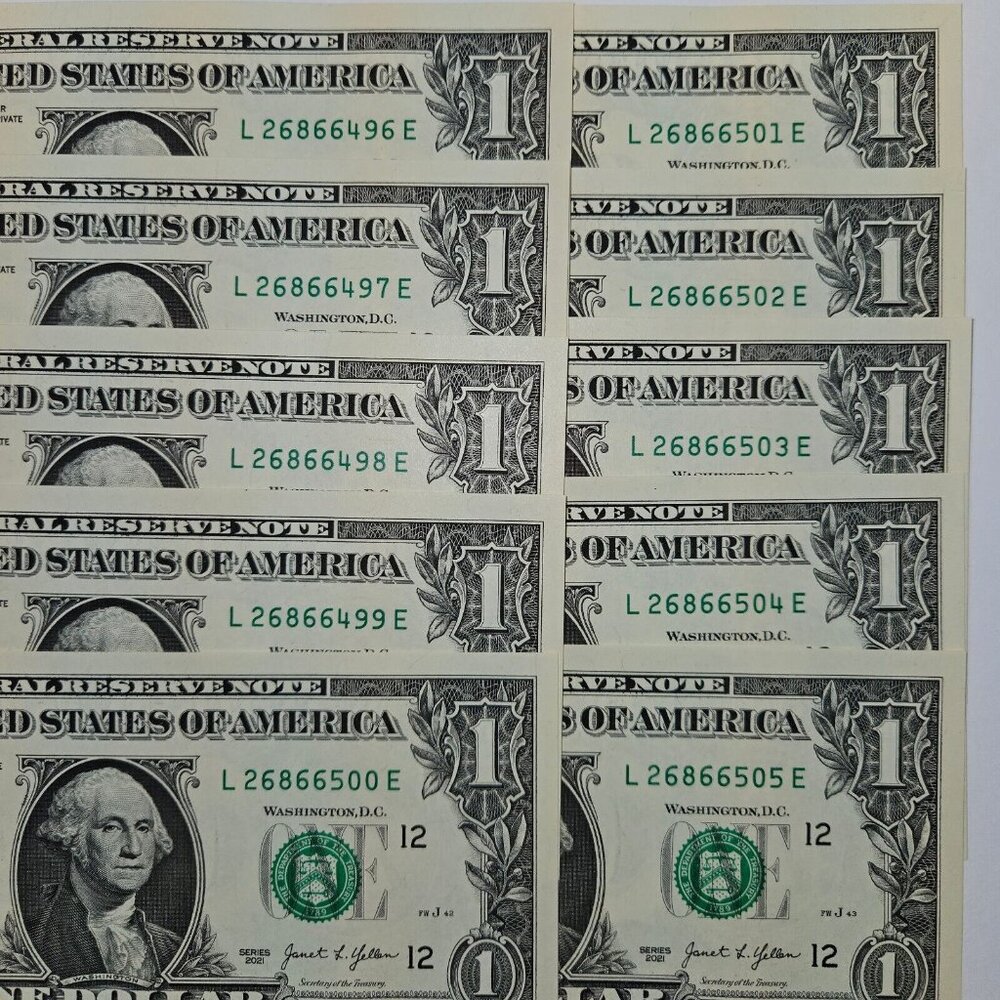 10 One Dollar Bills Uncirculated‎ Sequential (W/ SLEEVES) - Series 2021 (B190)